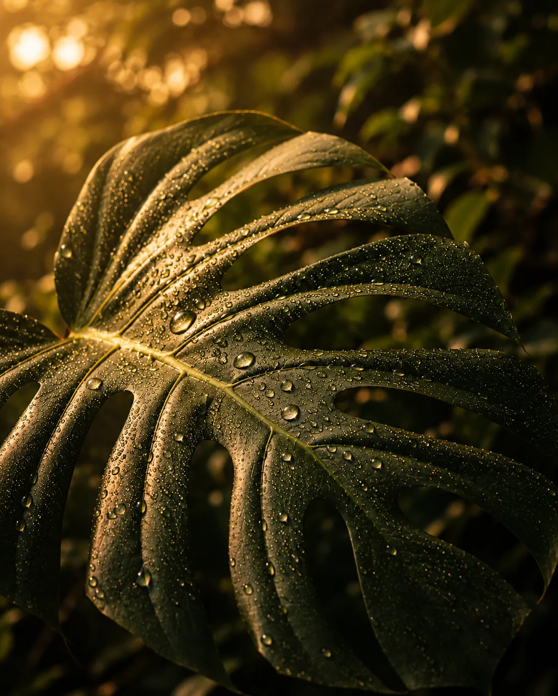 Dark green monstera leaf with dew drops on black background