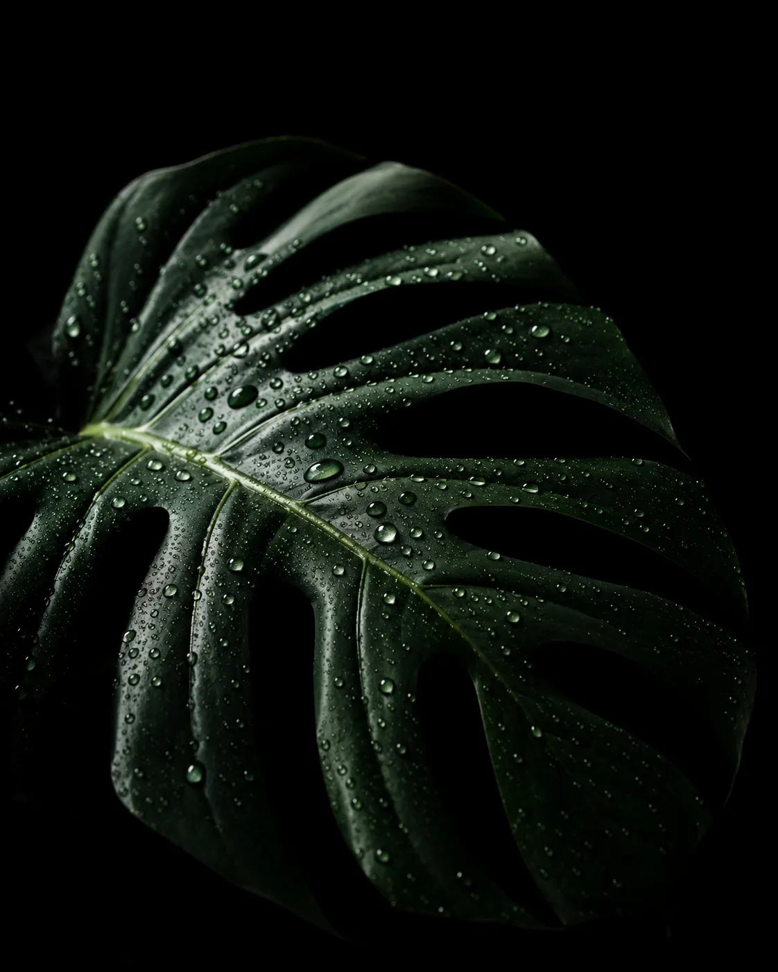 Dark green monstera leaf with dew drops on black background