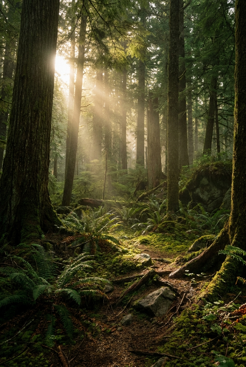 Sunlight filtering through forest trees